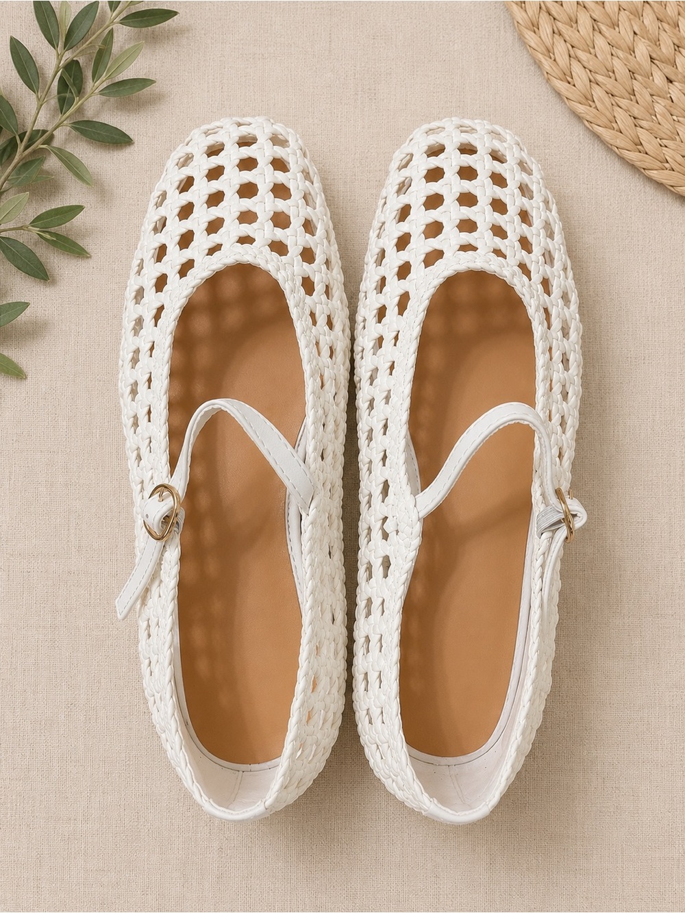 Woven White Mary Jane Flats with Buckle Strap